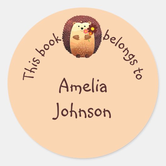 かわいいウオーターカラーハリネズミ動物ブックプレート ラウンドシール (正面)