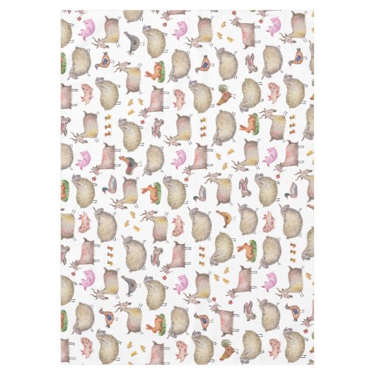 かわいいウオーターカラーファーム納屋の動物パターン テーブルクロス (正面)