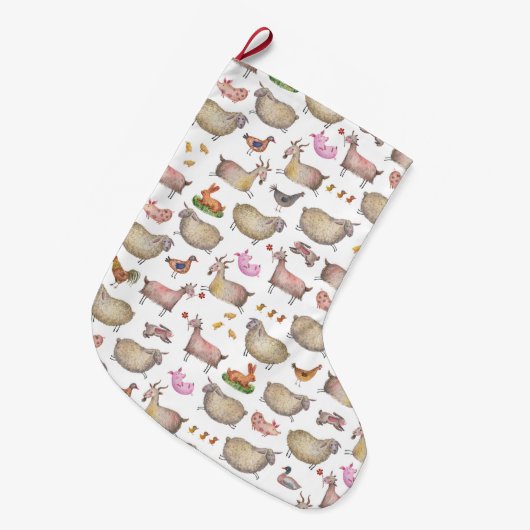 かわいいウオーターカラーファーム納屋の動物パターン ラージクリスマスストッキング (正面 (吊り時))