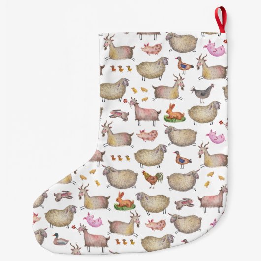 かわいいウオーターカラーファーム納屋の動物パターン ラージクリスマスストッキング (裏面)