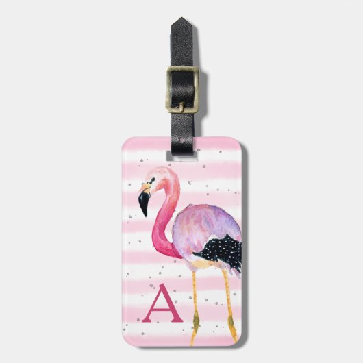 かわいいウオーターカラーフラミンゴモノグラムピンクストライプ色 ラゲッジタグ (正面縦)