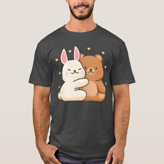かわいいウサギがクマを抱きしめる ウサギとクマは愛を分かち合う B Tシャツ (正面)