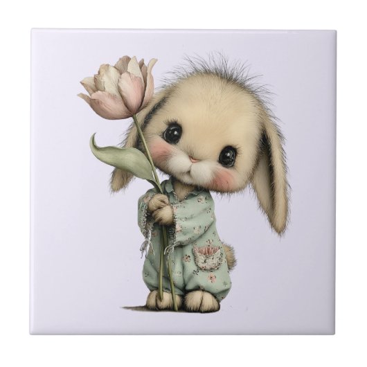 かわいいウサギがチューリップを持っている タイル (正面)
