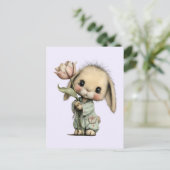 かわいいウサギがチューリップを持っている ポストカード (スタンド正面)