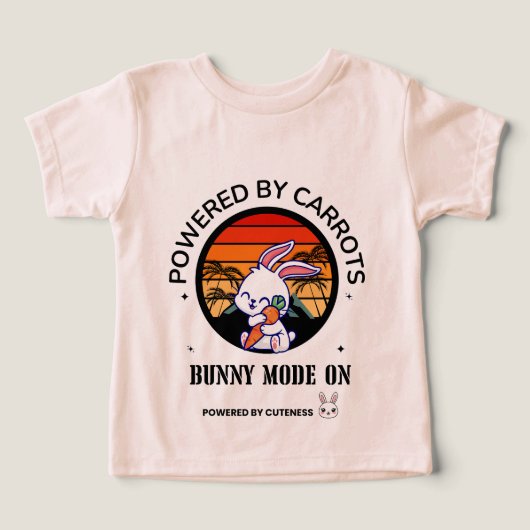かわいいウサギがニンジンを抱えたレトロな夕焼けTシャツ (デザイン正面)