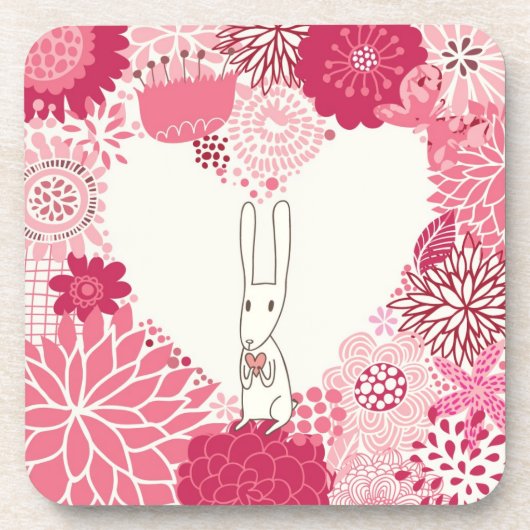かわいいウサギが付いているロマンチックな花の背景 コースター (正面)