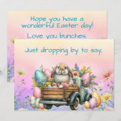 かわいいウサギちゃんが花とイースターエッグでいっぱいのトラックに乗ってイースターをお届けします シーズンカード (正面/裏面)