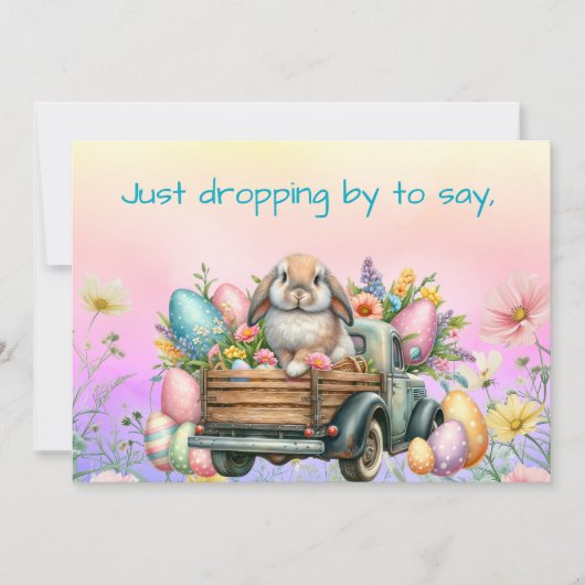 かわいいウサギちゃんが花とイースターエッグでいっぱいのトラックに乗ってイースターをお祝い シーズンカード (正面)