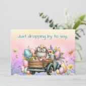 かわいいウサギちゃんが花とイースターエッグでいっぱいのトラックに乗ってイースターをお祝い シーズンカード (スタンド正面)