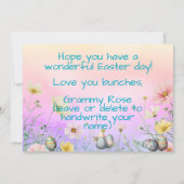 かわいいウサギちゃんが花とイースターエッグでいっぱいのトラックに乗ってイースターをお祝い シーズンカード (裏面)