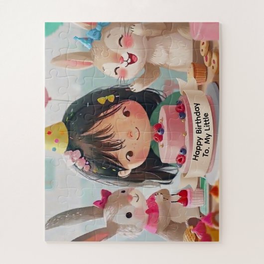 かわいいウサギとの女の子の誕生日パーティー ジグソーパズル (縦)