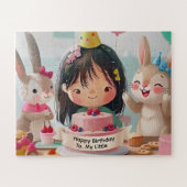 かわいいウサギとの女の子の誕生日パーティー ジグソーパズル (横)