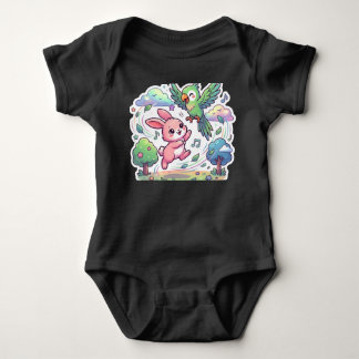 かわいいウサギとオウムのキッズTシャツ | かわいい動物 ベビーボディスーツ