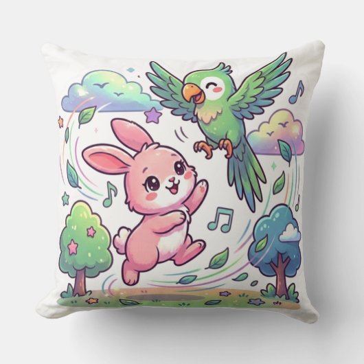 かわいいウサギとオウムの遊びシール | クッション (正面)