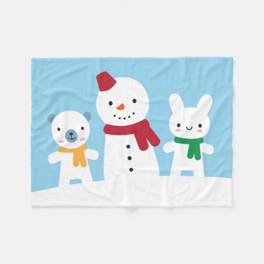 かわいいウサギとクマの雪の日 フリースブランケット (正面(横))