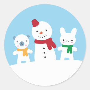 かわいいウサギとクマの雪の日 ラウンドシール