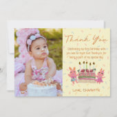 かわいいウサギとケーキ　黄色の子供の誕生日写真 サンキューカード (正面)