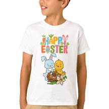 かわいいウサギとヒヨコのイースターTシャツ "ハッピーイースター"
