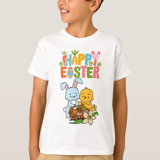 かわいいウサギとヒヨコのイースターTシャツ "ハッピーイースター" Tシャツ (正面)