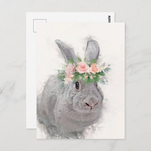 かわいいウサギとフラワークラウンポートレート ポストカード (正面/裏面)
