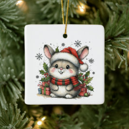 かわいいウサギとプレゼントの赤ちゃんの最初のクリスマス セラミックオーナメント