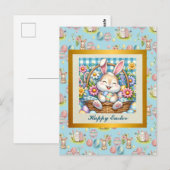 かわいいウサギと卵と花で幸せなイースター ポストカード (正面/裏面)