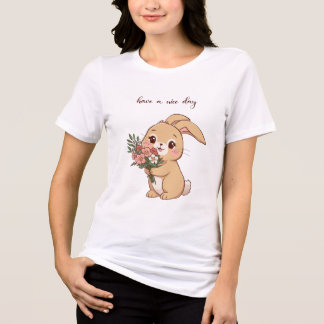 かわいいウサギと花のTシャツ – 愛らしいうさぎデザイン トライブレンドＴシャツ