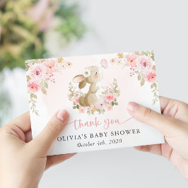 かわいいウサギと蝶とピンクの花 赤ちゃんの誕生会 サンキューカード