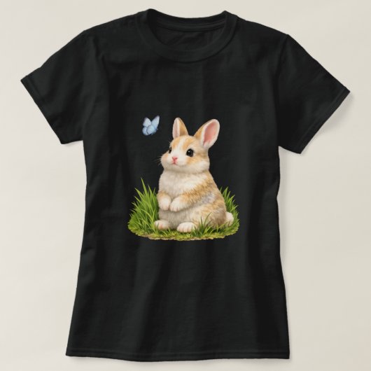 かわいいウサギと蝶の自然グラフィック  Tシャツ (デザイン正面)