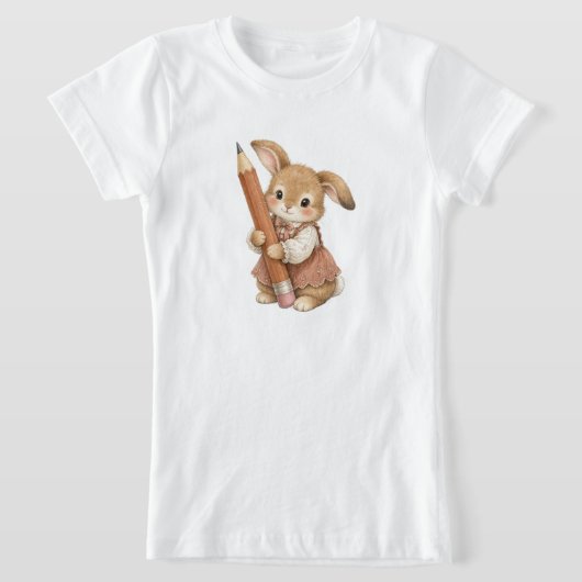 かわいいウサギと鉛筆の女の子向け「新しい学校へ行こう」Tシャツ Tシャツ (レイダウン)