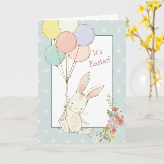 かわいいウサギと風船のイースターカード カード (黄色い花)