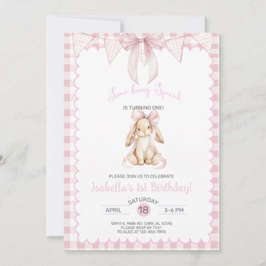 かわいいウサギのお姫様が1歳のお誕生日です 女の子の誕生日おめでとう 何歳でもお使いいただけます 招待状 (正面)