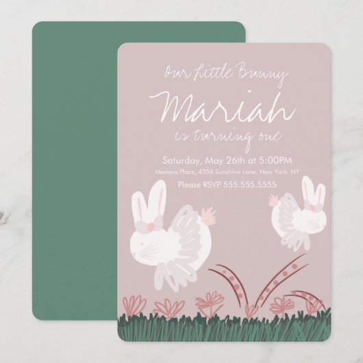 かわいいウサギのイースター1歳誕生日手描き 招待状 (正面/裏面)