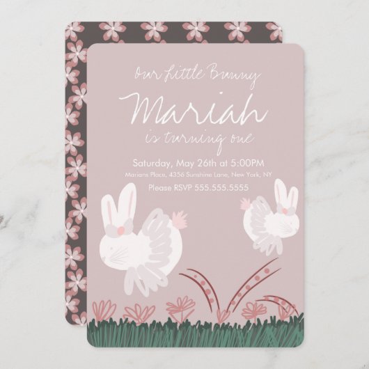 かわいいウサギのイースター 1歳の誕生日 手描き 招待状 (正面/裏面)