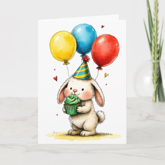 かわいいウサギのカップケーキ付き子供お誕生日おめでとう カード (正面)