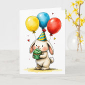 かわいいウサギのカップケーキ付き子供お誕生日おめでとう カード (黄色い花)
