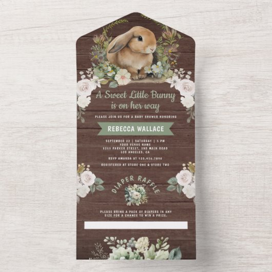 かわいいウサギのセージグリーン花柄ウッドベイビーシャワー オールインワン招待状 (内側)