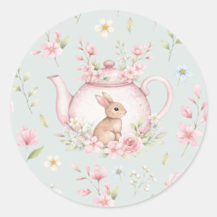 かわいいウサギのティーポット ピンクの花 春 ラウンドシール