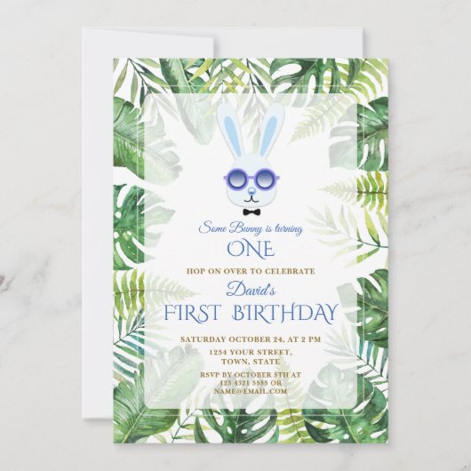 かわいいウサギのトロピカルグリーン 少年 1歳の誕生日 招待状 (正面)