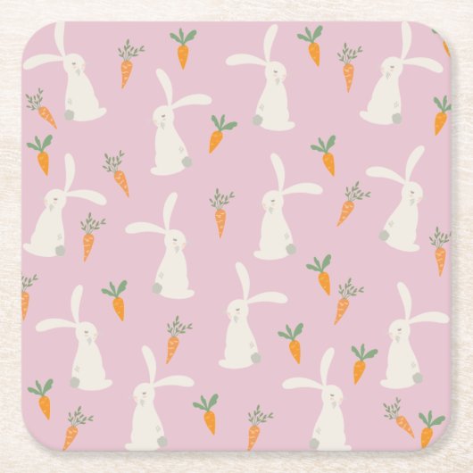 かわいいウサギのニンジン スクエアペーパーコースター (正面)