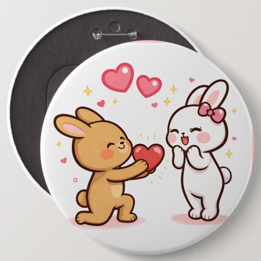 かわいいウサギのハートギフトデザイン 缶バッジ (正面&裏面)