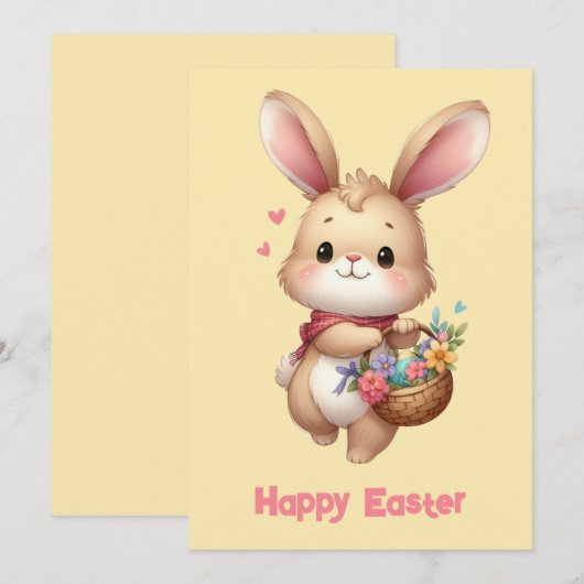 かわいいウサギのバスケットとショール 黄色 シーズンカード (正面/裏面)