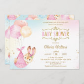 かわいいウサギのバルーン赤ちゃんシャワー女の子 招待状 (正面/裏面)