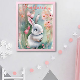 かわいいウサギのパステル水彩春の花 ポスター