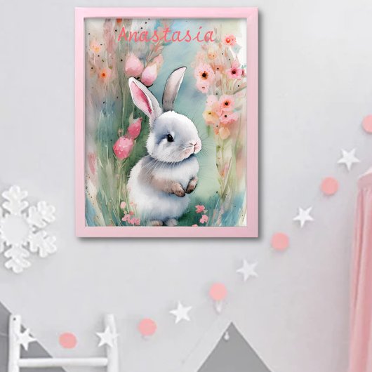 かわいいウサギのパステル水彩春の花 ポスター