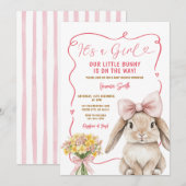 かわいいウサギのピンクのリボン コケッティ ベビーシャワー 花 招待状 (正面/裏面)