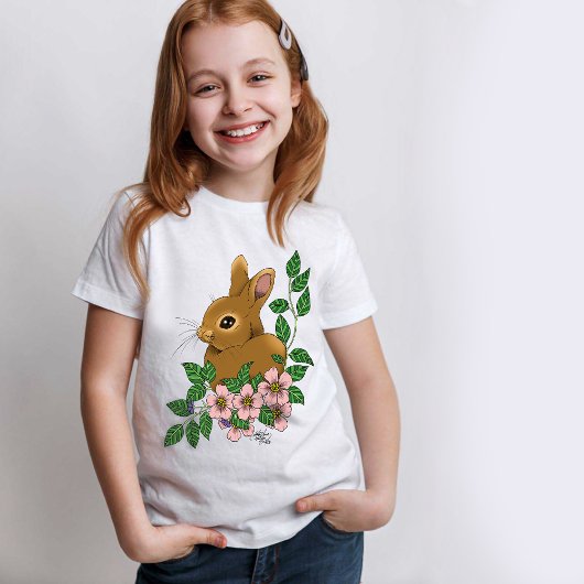 かわいいウサギのピンクの春の花の森のウサギ Tシャツ