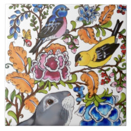 かわいいウサギの壁画フローラホワイトバックグラッドトップハーフサー タイル