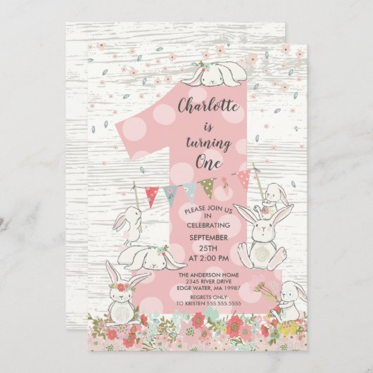 かわいいウサギの大きな1の女の子の誕生日招待状 招待状 (正面/裏面)