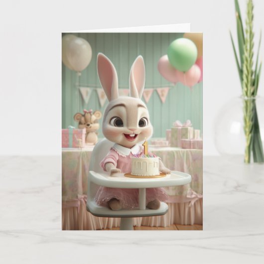 かわいいウサギの女の子の最初の誕生日スマッシュケーキ カード (正面)